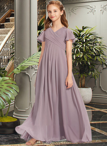 Avery A-Line V-neck Floor-Length Chiffon Junior Bridesmaid Dress With Ruffle XXCP0013554