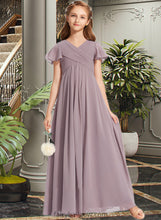 Load image into Gallery viewer, Avery A-Line V-neck Floor-Length Chiffon Junior Bridesmaid Dress With Ruffle XXCP0013554