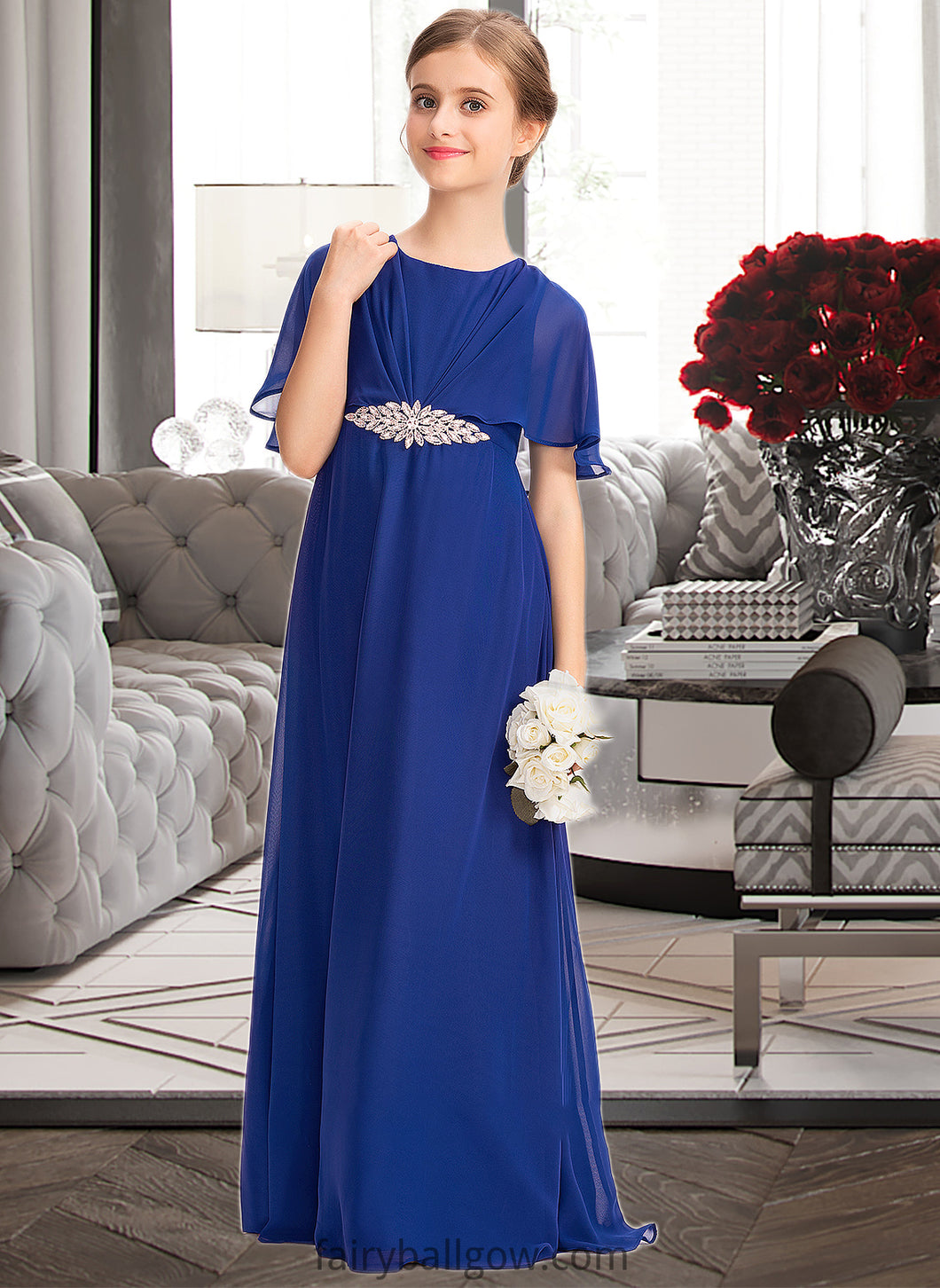 Chelsea A-Line Scoop Neck Floor-Length Chiffon Junior Bridesmaid Dress With Ruffle Beading XXCP0013560