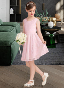 Mariela A-Line Scoop Neck Knee-Length Lace Junior Bridesmaid Dress With Sash Bow(s) XXCP0013563