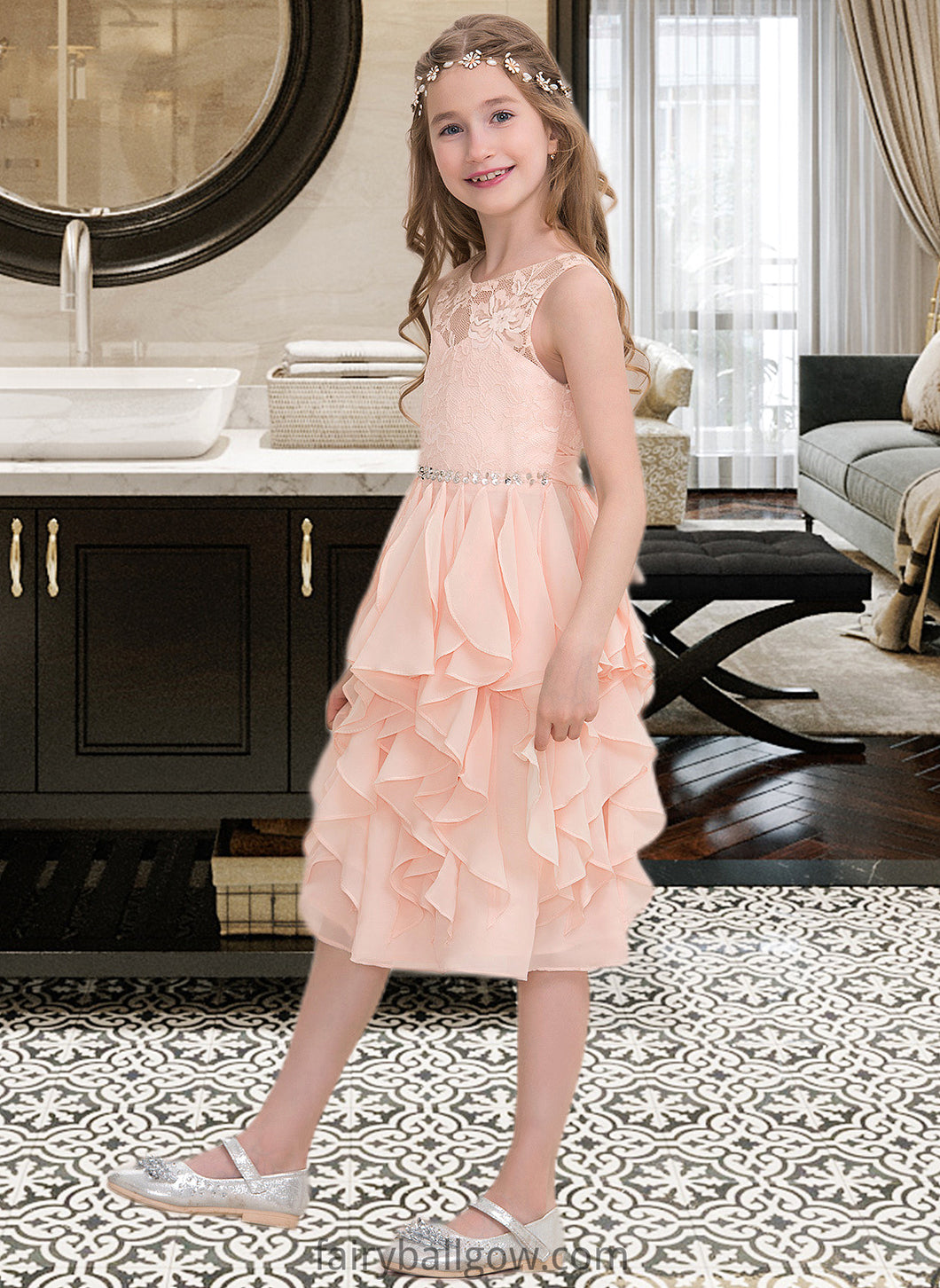 Bridget A-Line Scoop Neck Knee-Length Chiffon Junior Bridesmaid Dress With Beading Sequins Cascading Ruffles XXCP0013565