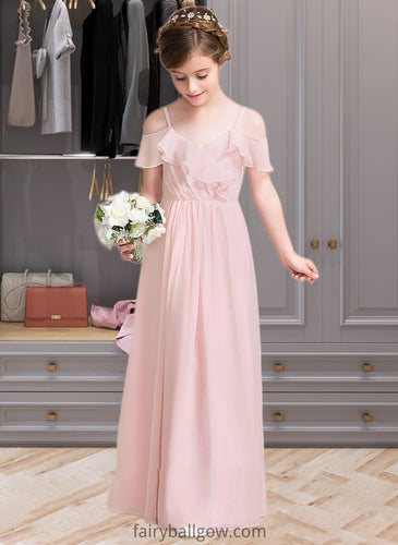 Desirae A-Line V-neck Floor-Length Chiffon Junior Bridesmaid Dress With Cascading Ruffles XXCP0013567