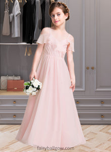 Desirae A-Line V-neck Floor-Length Chiffon Junior Bridesmaid Dress With Cascading Ruffles XXCP0013567