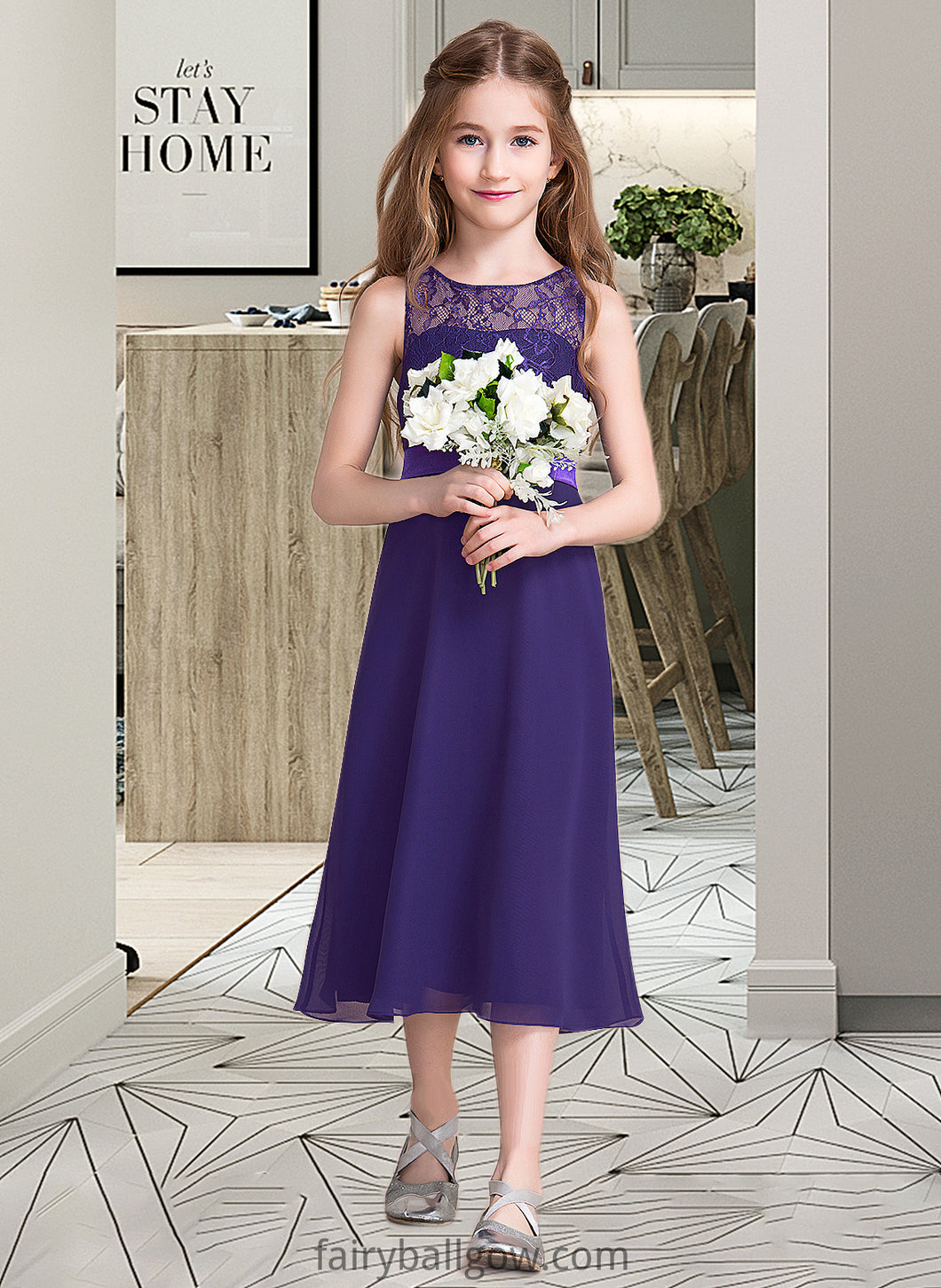 Viviana A-Line Scoop Neck Tea-Length Chiffon Junior Bridesmaid Dress XXCP0013569