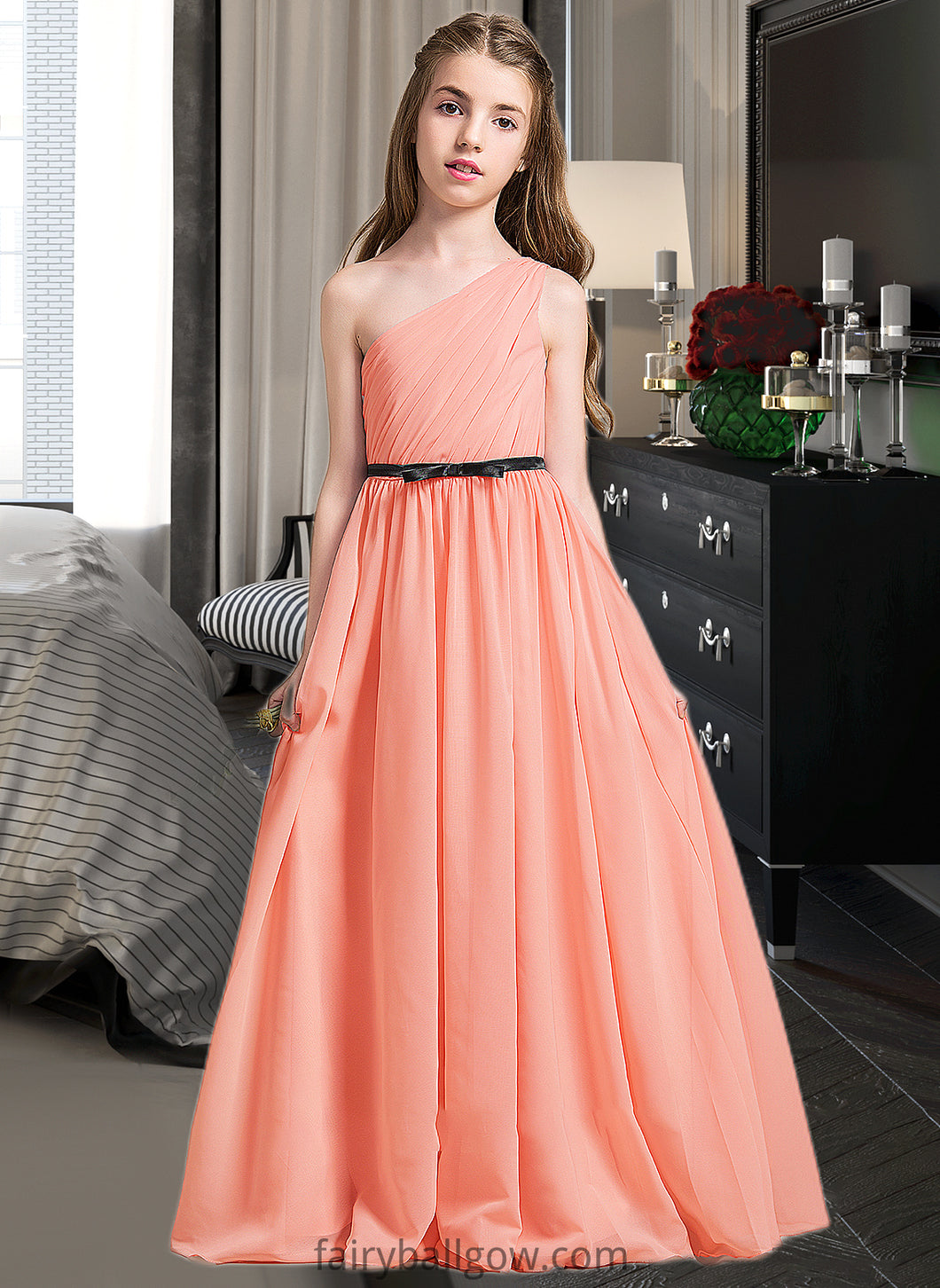 Nina A-Line One-Shoulder Floor-Length Chiffon Junior Bridesmaid Dress With Ruffle Bow(s) XXCP0013570