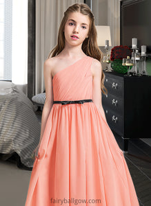 Nina A-Line One-Shoulder Floor-Length Chiffon Junior Bridesmaid Dress With Ruffle Bow(s) XXCP0013570