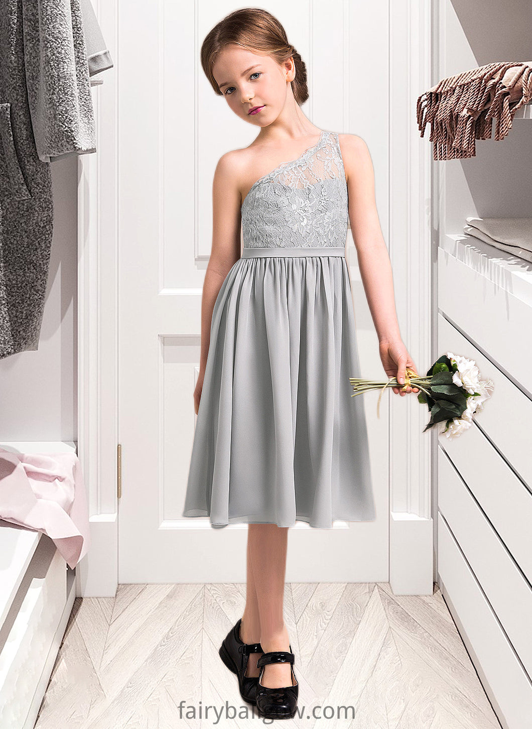 Cherish A-Line One-Shoulder Knee-Length Chiffon Lace Junior Bridesmaid Dress XXCP0013571