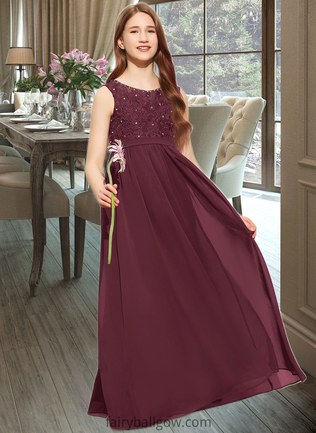 Kierra A-Line Scoop Neck Floor-Length Chiffon Lace Junior Bridesmaid Dress With Beading Sequins XXCP0013572