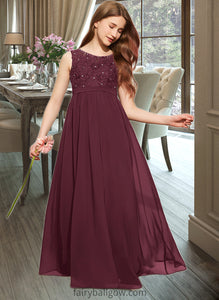 Kierra A-Line Scoop Neck Floor-Length Chiffon Lace Junior Bridesmaid Dress With Beading Sequins XXCP0013572