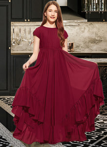 Rihanna A-Line Scoop Neck Floor-Length Chiffon Junior Bridesmaid Dress With Appliques Lace Bow(s) Cascading Ruffles XXCP0013573