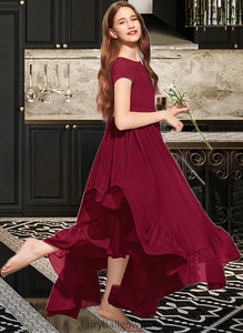 Rihanna A-Line Scoop Neck Floor-Length Chiffon Junior Bridesmaid Dress With Appliques Lace Bow(s) Cascading Ruffles XXCP0013573