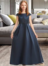 Load image into Gallery viewer, Shea A-Line Scoop Neck Floor-Length Satin Lace Junior Bridesmaid Dress With Beading Sequins Bow(s) XXCP0013574