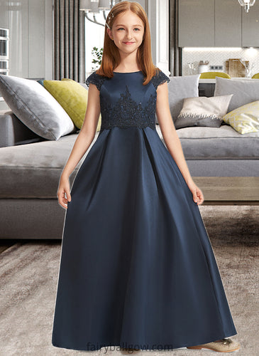 Shea A-Line Scoop Neck Floor-Length Satin Lace Junior Bridesmaid Dress With Beading Sequins Bow(s) XXCP0013574