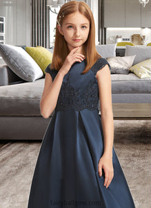 Shea A-Line Scoop Neck Floor-Length Satin Lace Junior Bridesmaid Dress With Beading Sequins Bow(s) XXCP0013574