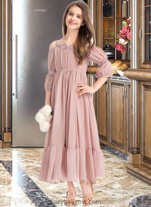 Margaret A-Line Square Neckline Ankle-Length Chiffon Junior Bridesmaid Dress With Ruffle Lace XXCP0013575