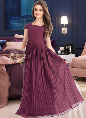 Gracelyn A-Line Square Neckline Floor-Length Chiffon Junior Bridesmaid Dress With Lace Bow(s) Pleated XXCP0013576