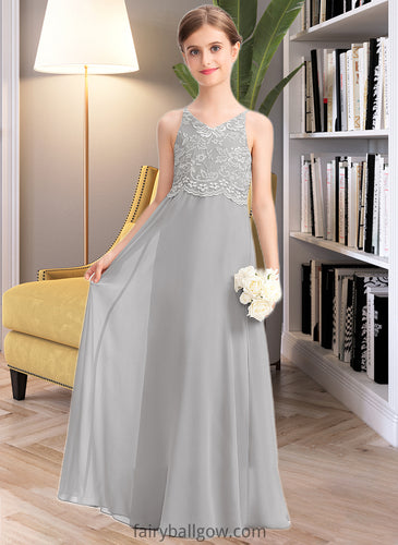 Perla A-Line V-neck Floor-Length Chiffon Lace Junior Bridesmaid Dress XXCP0013579