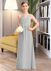 Perla A-Line V-neck Floor-Length Chiffon Lace Junior Bridesmaid Dress XXCP0013579