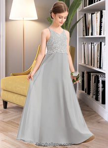 Perla A-Line V-neck Floor-Length Chiffon Lace Junior Bridesmaid Dress XXCP0013579