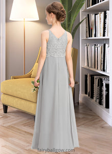 Perla A-Line V-neck Floor-Length Chiffon Lace Junior Bridesmaid Dress XXCP0013579