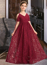 Load image into Gallery viewer, Melanie A-Line V-neck Floor-Length Lace Junior Bridesmaid Dress With Ruffle Bow(s) XXCP0013581