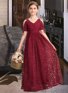 Melanie A-Line V-neck Floor-Length Lace Junior Bridesmaid Dress With Ruffle Bow(s) XXCP0013581