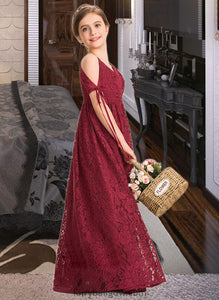 Melanie A-Line V-neck Floor-Length Lace Junior Bridesmaid Dress With Ruffle Bow(s) XXCP0013581