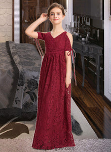 Melanie A-Line V-neck Floor-Length Lace Junior Bridesmaid Dress With Ruffle Bow(s) XXCP0013581