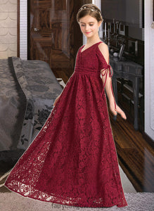 Melanie A-Line V-neck Floor-Length Lace Junior Bridesmaid Dress With Ruffle Bow(s) XXCP0013581