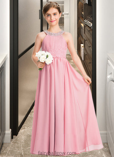 Kallie A-Line Scoop Neck Floor-Length Chiffon Lace Junior Bridesmaid Dress With Ruffle Beading Sequins XXCP0013582