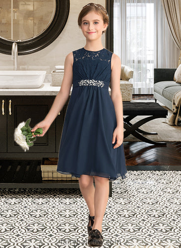 Aniyah A-Line Scoop Neck Knee-Length Chiffon Lace Junior Bridesmaid Dress With Beading Sequins Bow(s) XXCP0013583