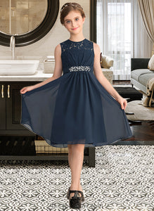 Aniyah A-Line Scoop Neck Knee-Length Chiffon Lace Junior Bridesmaid Dress With Beading Sequins Bow(s) XXCP0013583