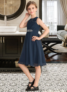 Aniyah A-Line Scoop Neck Knee-Length Chiffon Lace Junior Bridesmaid Dress With Beading Sequins Bow(s) XXCP0013583