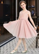 Load image into Gallery viewer, Jenny A-Line V-neck Knee-Length Chiffon Junior Bridesmaid Dress With Bow(s) XXCP0013586