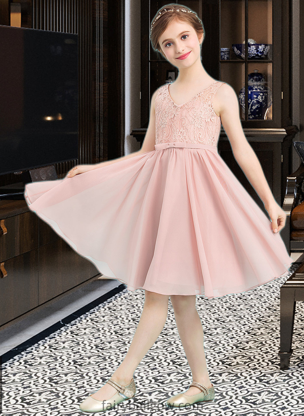 Jenny A-Line V-neck Knee-Length Chiffon Junior Bridesmaid Dress With Bow(s) XXCP0013586