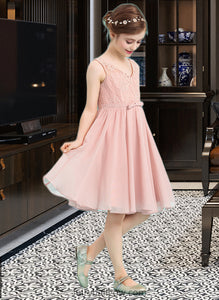 Jenny A-Line V-neck Knee-Length Chiffon Junior Bridesmaid Dress With Bow(s) XXCP0013586