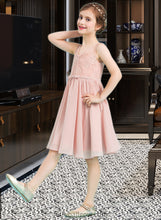 Load image into Gallery viewer, Jenny A-Line V-neck Knee-Length Chiffon Junior Bridesmaid Dress With Bow(s) XXCP0013586