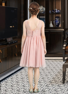 Jenny A-Line V-neck Knee-Length Chiffon Junior Bridesmaid Dress With Bow(s) XXCP0013586