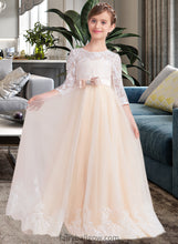 Load image into Gallery viewer, Philippa Ball-Gown/Princess Scoop Neck Floor-Length Tulle Lace Junior Bridesmaid Dress With Sash Beading Bow(s) XXCP0013589