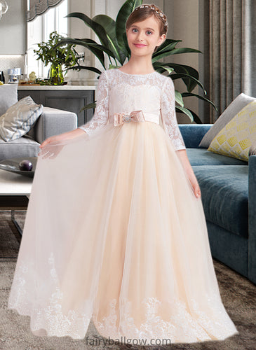 Philippa Ball-Gown/Princess Scoop Neck Floor-Length Tulle Lace Junior Bridesmaid Dress With Sash Beading Bow(s) XXCP0013589