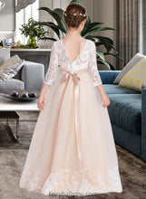 Load image into Gallery viewer, Philippa Ball-Gown/Princess Scoop Neck Floor-Length Tulle Lace Junior Bridesmaid Dress With Sash Beading Bow(s) XXCP0013589