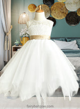 Load image into Gallery viewer, Lori A-Line Scoop Neck Tea-Length Tulle Junior Bridesmaid Dress With Sash XXCP0013591