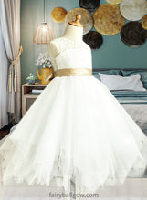 Load image into Gallery viewer, Lori A-Line Scoop Neck Tea-Length Tulle Junior Bridesmaid Dress With Sash XXCP0013591