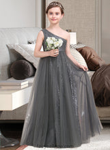 Load image into Gallery viewer, Jaidyn A-Line One-Shoulder Floor-Length Tulle Sequined Junior Bridesmaid Dress With Ruffle XXCP0013592