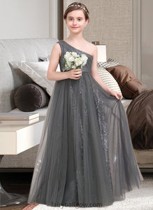 Jaidyn A-Line One-Shoulder Floor-Length Tulle Sequined Junior Bridesmaid Dress With Ruffle XXCP0013592