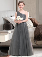 Load image into Gallery viewer, Jaidyn A-Line One-Shoulder Floor-Length Tulle Sequined Junior Bridesmaid Dress With Ruffle XXCP0013592