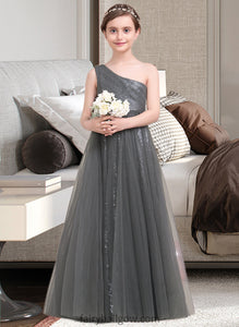 Jaidyn A-Line One-Shoulder Floor-Length Tulle Sequined Junior Bridesmaid Dress With Ruffle XXCP0013592