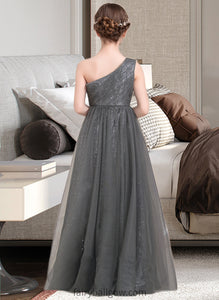 Jaidyn A-Line One-Shoulder Floor-Length Tulle Sequined Junior Bridesmaid Dress With Ruffle XXCP0013592