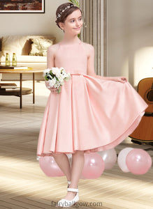 Evie A-Line Square Neckline Knee-Length Satin Junior Bridesmaid Dress With Bow(s) XXCP0013593