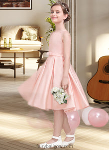 Evie A-Line Square Neckline Knee-Length Satin Junior Bridesmaid Dress With Bow(s) XXCP0013593